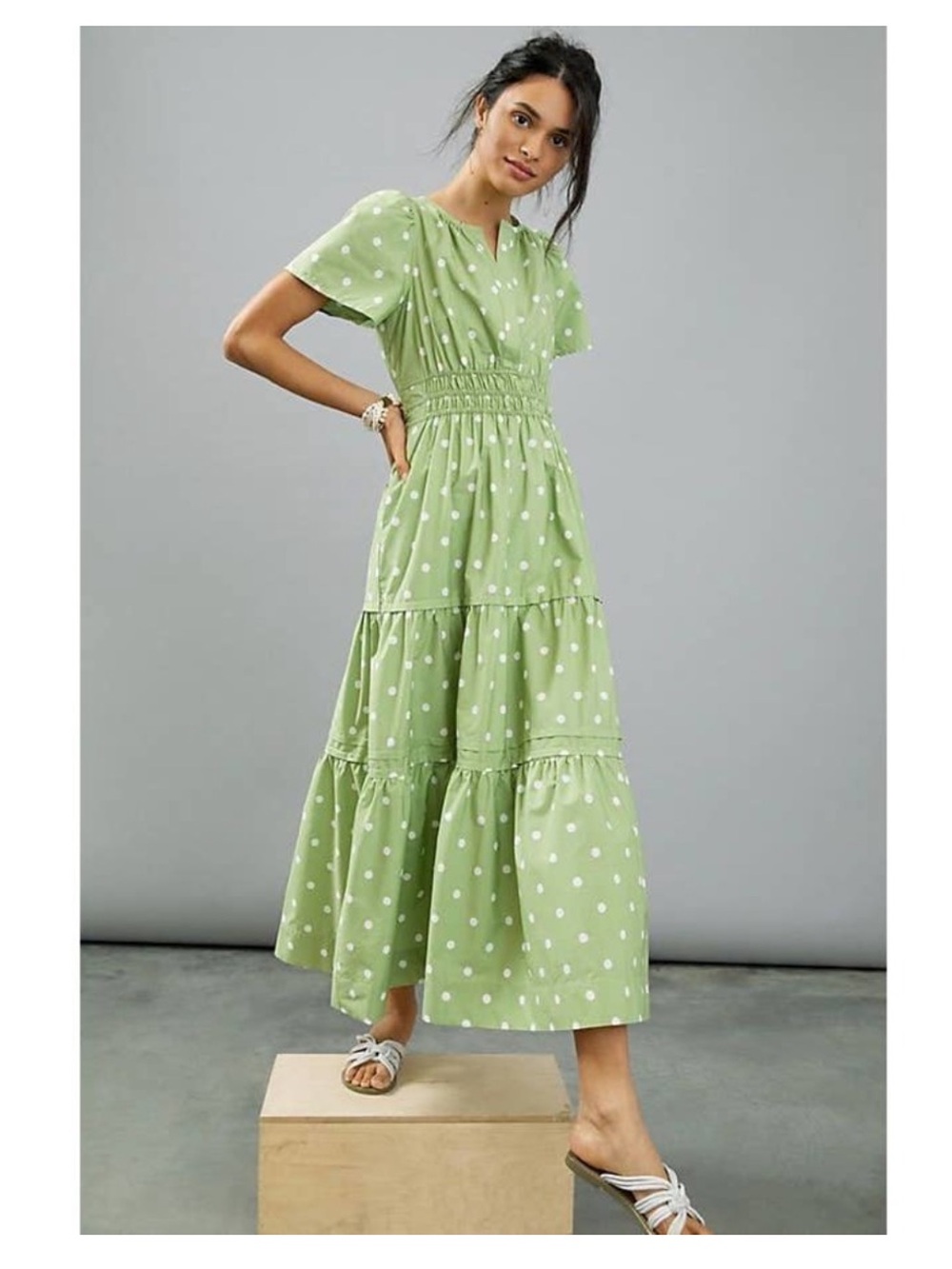 Anthropologie Womens The Somerset Maxi Dress Polka Dots Tiered Green M